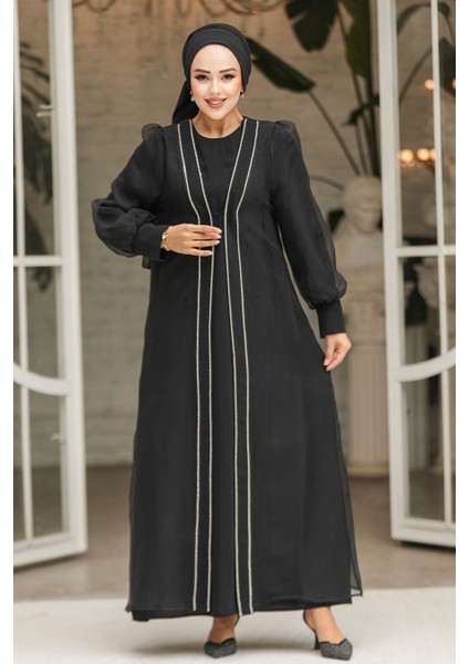 Boncuk Işlemeli Siyah Tesettür Abaya Takım 4626S