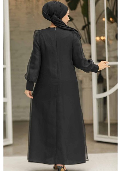 Boncuk Işlemeli Siyah Tesettür Abaya Takım 4626S