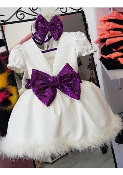 Beyaz, Etek Ucu Tüylü, Payet Detaylı Kız Çocuk Abiye Elbise