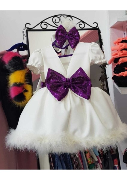 Beyaz, Etek Ucu Tüylü, Payet Detaylı Kız Çocuk Abiye Elbise fiyatları