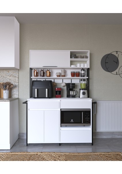 Defne Kahve Köşesi, Çok Amaçlı Dolap, 3 Kapaklı 2 Çekmeceli, Kiler Mutfak Dolabı, Beyaz
