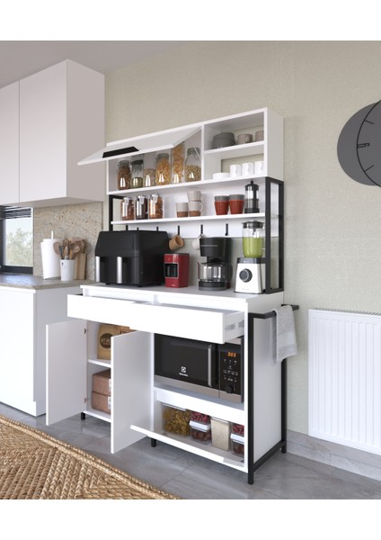 Defne Kahve Köşesi, Çok Amaçlı Dolap, 3 Kapaklı 2 Çekmeceli, Kiler Mutfak Dolabı, Beyaz modelleri