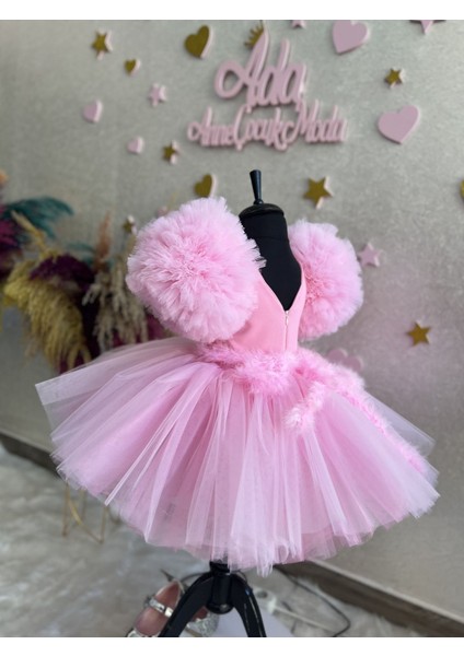 Kız Çocuk Pembe Tüllü Çok Kabarık Kolları Balon Abiye Elbise fiyatları