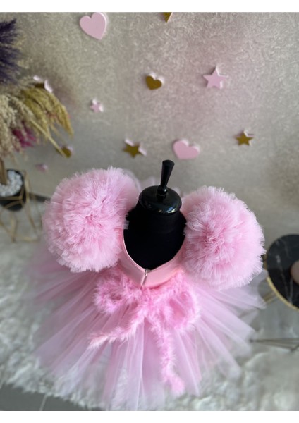 Kız Çocuk Pembe Tüllü Çok Kabarık Kolları Balon Abiye Elbise modelleri