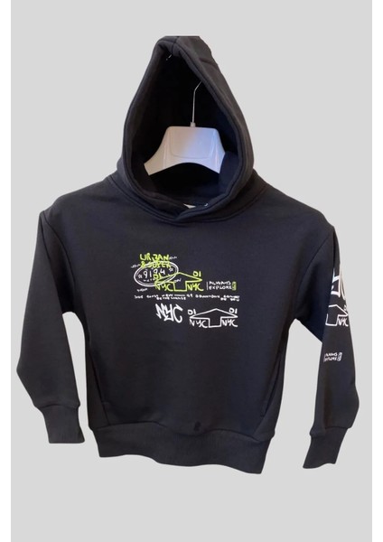 4-14 Yaş Erkek Çocuk Sweat Shirt Kapüşonlu Baskılı Siyah 6-7 Yaş Siyah - Baskılı