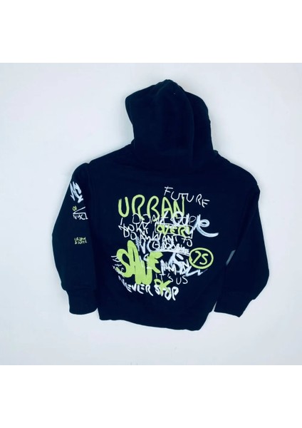 Erkek Çocuk Kapüşonlu Baskılı Siyah Sweatshirt - Cepli, Pamuklu, Rahat Kullanım