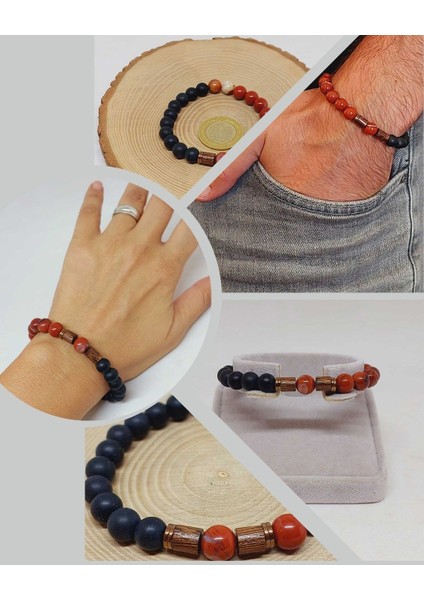 Kırmızı Alacalı Jasper & Oniks Taşı 8mm Tasarım Bileklik Hawaii Model (14240)