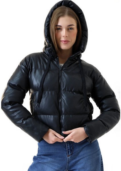 Kadın 1. Kalite Suni Deri Görünümlü Siyah Şişme Mont modelleri