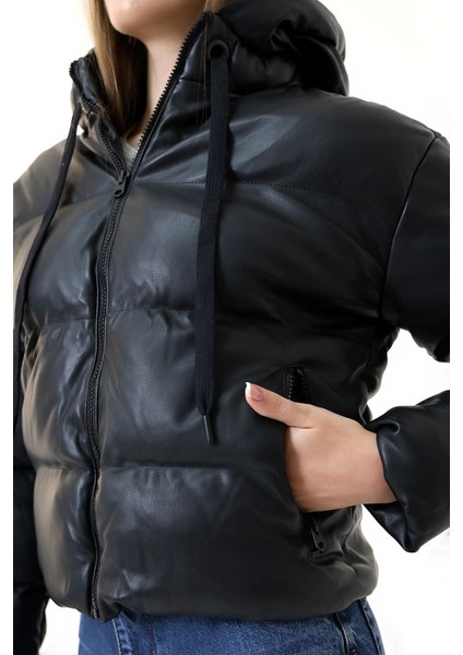 Kadın 1. Kalite Suni Deri Görünümlü Siyah Şişme Mont fırsatları