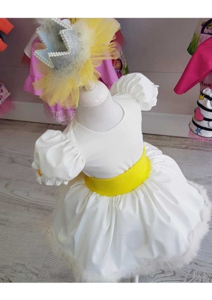 Kız Çocuk Beyaz Papatya Detaylı Etek Ucu Tüylü Kabarık Elbise