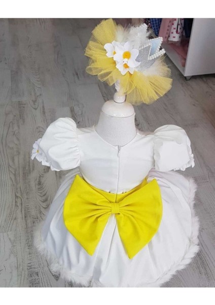 Kız Çocuk Beyaz Papatya Detaylı Etek Ucu Tüylü Kabarık Elbise fiyatları