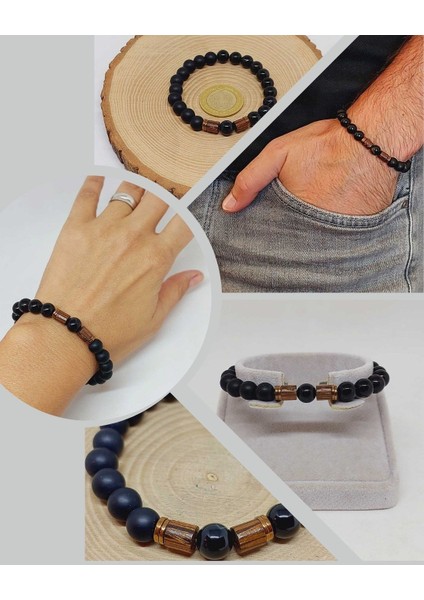 Siyah Akik & Oniks Taşı 8mm Tasarım Bileklik Hawaii Model (51330)