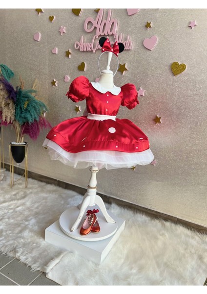 Kız Çocuk Kabarık Tüllü Minnie Mickey Mouse Kırmızı Elbise