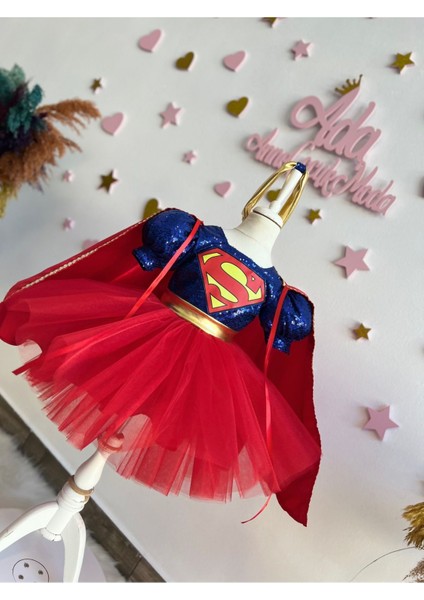 Kız Çocuk Super Girl Pelerinli Kabarık Kostüm Elbise