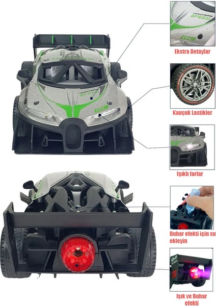 Şarjlı Rc 2.4ghz Işık ve Duman Efektli Metal Uzaktan Kumandalı Araba Yarış Arabası Gri
