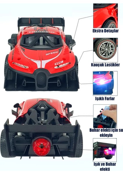 Şarjlı Rc 2.4ghz Işık ve Duman Efektli Metal Uzaktan Kumandalı Araba Yarış Arabası Kırmızı