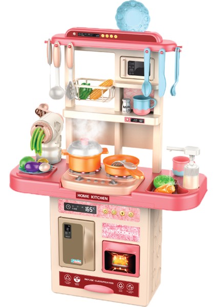 69 Parça Buharlı Işıklı Sesli Lavabolu Oyuncak Mini Mutfak Seti Noodle Yapıcı Pembe