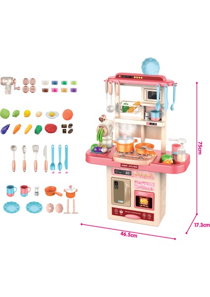 69 Parça Buharlı Işıklı Sesli Lavabolu Oyuncak Mini Mutfak Seti Noodle Yapıcı Pembe