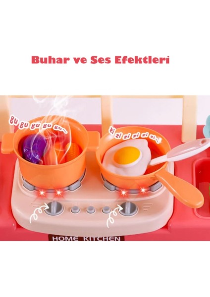 69 Parça Buharlı Işıklı Sesli Lavabolu Oyuncak Mini Mutfak Seti Noodle Yapıcı Pembe