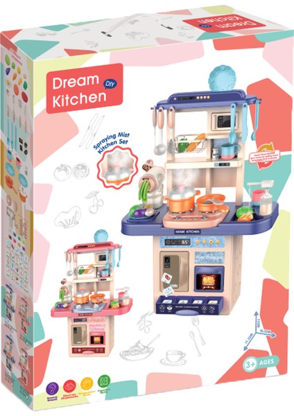 69 Parça Buharlı Işıklı Sesli Lavabolu Oyuncak Mini Mutfak Seti Noodle Yapıcı Pembe