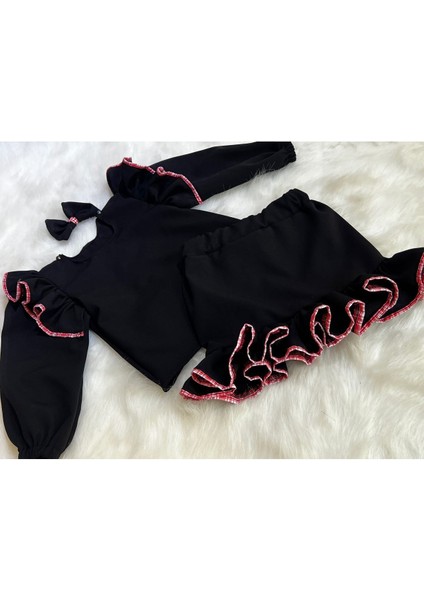 Kız Çocuk Fırfırlı Bluz Etek Takım Kırmızı Şerit Detaylı fiyatları