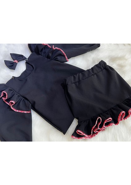 Kız Çocuk Fırfırlı Bluz Etek Takım Kırmızı Şerit Detaylı modelleri