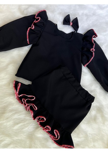 Kız Çocuk Fırfırlı Bluz Etek Takım Kırmızı Şerit Detaylı fırsatları