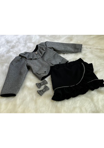 Kız Çocuk Ceket Etek Takım, Gümüş Parlak Ceket ve Fırfırlı Etek Takım fiyatları