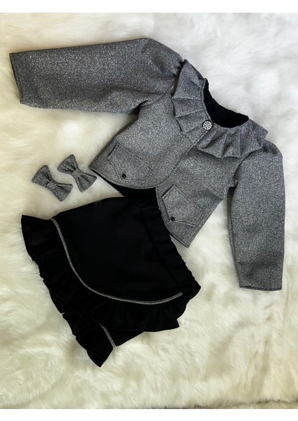 Kız Çocuk Ceket Etek Takım, Gümüş Parlak Ceket ve Fırfırlı Etek Takım fırsatları