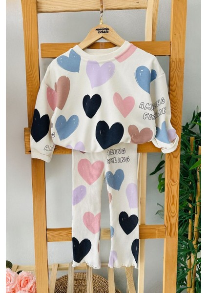 (2-7 Yaş) Kalp Baskılı Amazing Kız Çocuk Taytlı 2 li takım - Krem