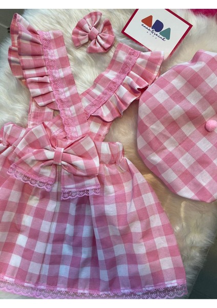 Kız Çocuk Pembe Kareli Salopet Şapka Klips Toka Set, Kız Çocuk Barbie Salopet