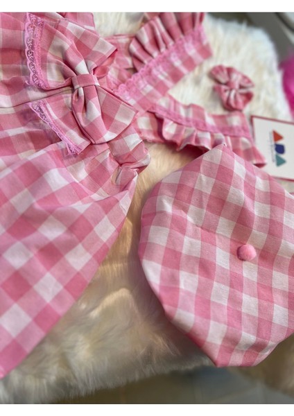 Kız Çocuk Pembe Kareli Salopet Şapka Klips Toka Set, Kız Çocuk Barbie Salopet fırsatları