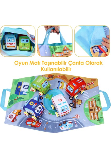 5 Parça Yıkanabilir Bez Çek Bırak Arabalar ve Oyun Matı Seti