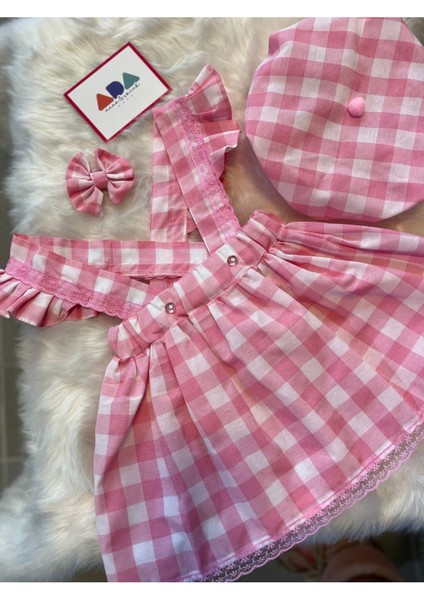 Kız Çocuk Pembe Kareli Salopet Şapka Klips Toka Set, Kız Çocuk Barbie Salopet fiyatları