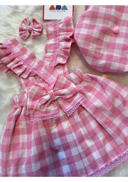 Kız Çocuk Pembe Kareli Salopet Şapka Klips Toka Set, Kız Çocuk Barbie Salopet modelleri