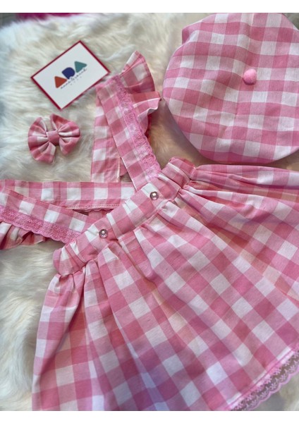 Kız Çocuk Pembe Kareli Salopet Şapka Klips Toka Set, Kız Çocuk Barbie Salopet indirimleri