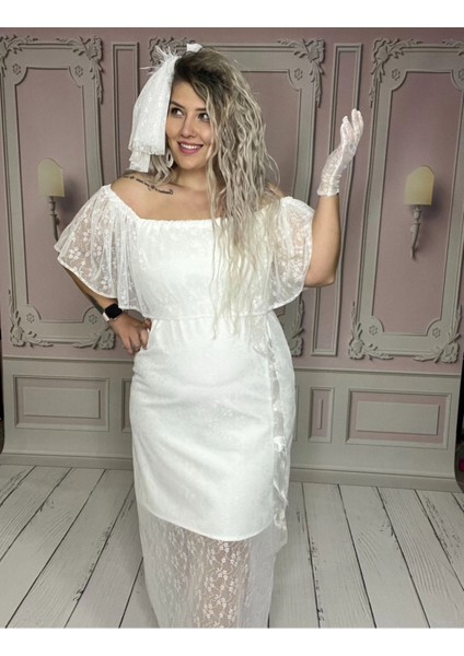 Büyük Beden Beyaz Elbise, Nikah Elbisesi, Dantel Elbise, After Party Elbise