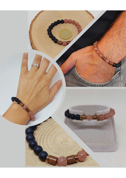 Çilek Kuvars & Oniks Taşı 8mm Tasarım Bileklik Hawaii Model (9778)