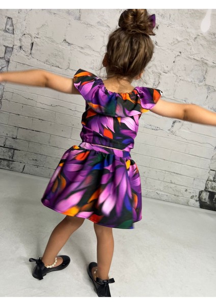 Kız Çocuk Çiçekli Etek Madonna Yaka Crop Takım modelleri