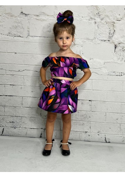 Kız Çocuk Çiçekli Etek Madonna Yaka Crop Takım fırsatları