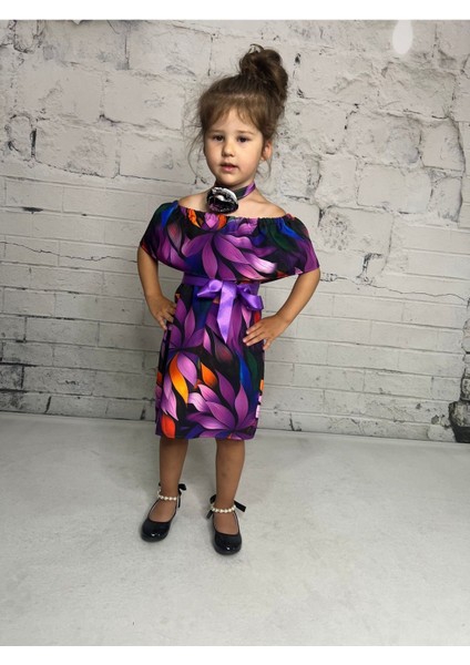 Kız Çocuk Renkli Çiçekli Madonna Yaka Elbise fiyatları