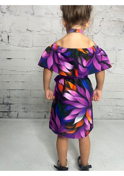 Kız Çocuk Renkli Çiçekli Madonna Yaka Elbise modelleri