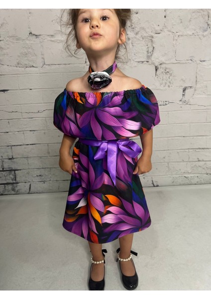 Kız Çocuk Renkli Çiçekli Madonna Yaka Elbise fırsatları