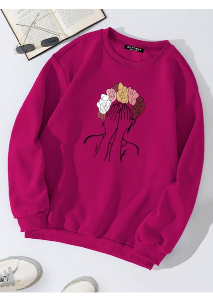 Oversize Bisiklet Yaka Basic Colorful Hair Baskılı Sweatshirt - Fuşya