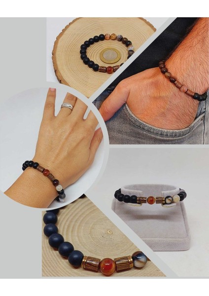 Siyah Alacalı Akik & Oniks Taşı 8mm Tasarım Bileklik Hawaii Model (3605)