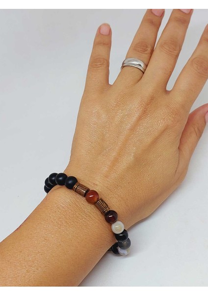 Siyah Alacalı Akik & Oniks Taşı 8mm Tasarım Bileklik Hawaii Model (3605) fırsatları
