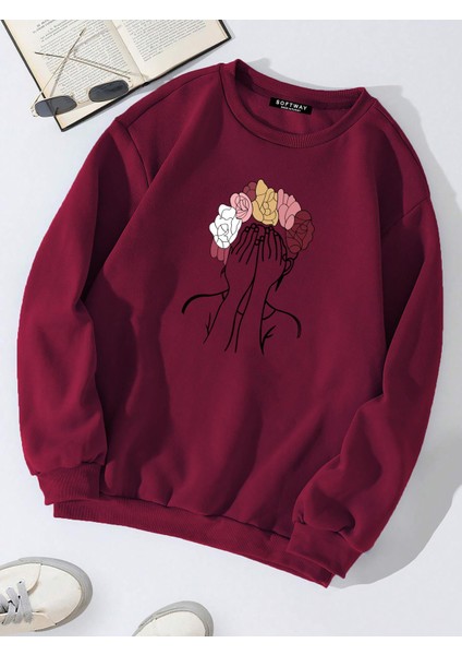 Oversize Bisiklet Yaka Basic Colorful Hair Baskılı Sweatshirt - Bordo