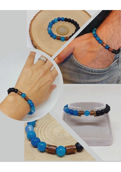 Mavi Akik & Oniks Taşı 8mm Tasarım Bileklik Hawaii Model (4001)