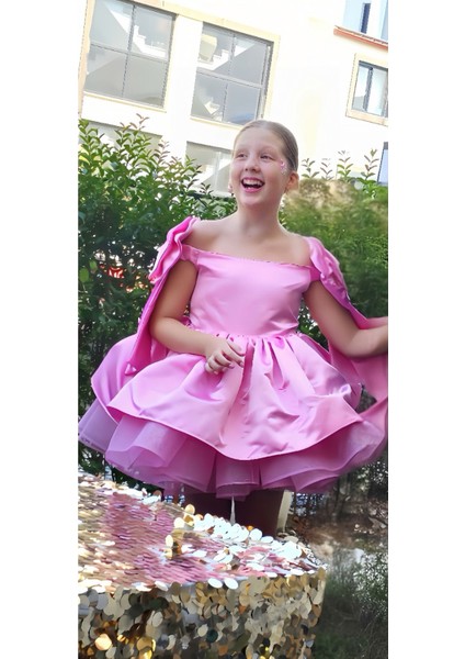 Kız Çocuk Pembe Kabarık Elbise, Pembe Grenli Saten Elbise