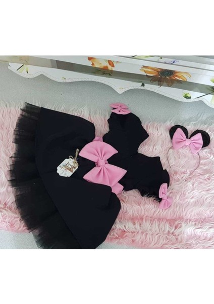 Kız Çocuk Siyah Tüllü Kabarık Elbise Pembe Kemer ve Fiyonk Detaylı